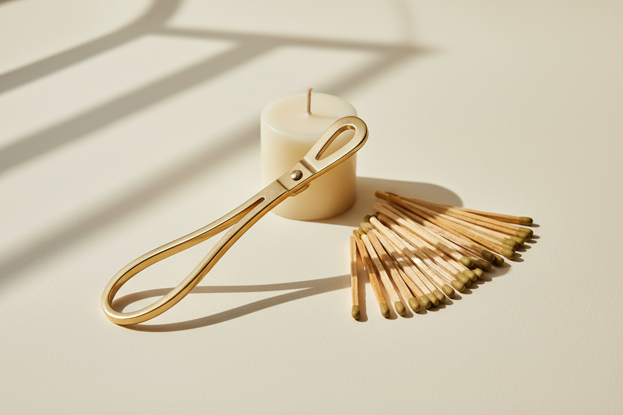 cream background with a gold wick cutter and matches